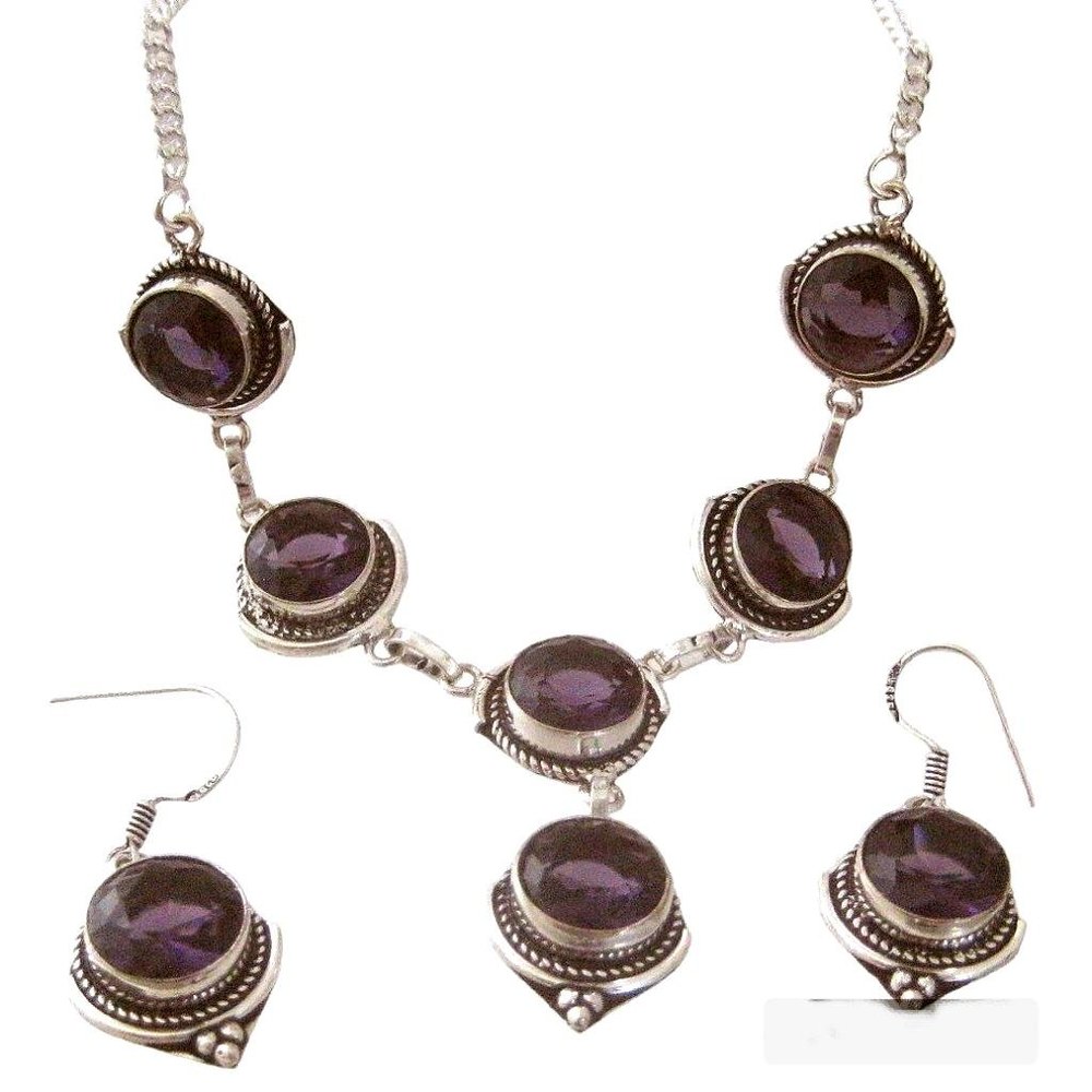 Amethyst Neckace & Earrings set 925 silver plated